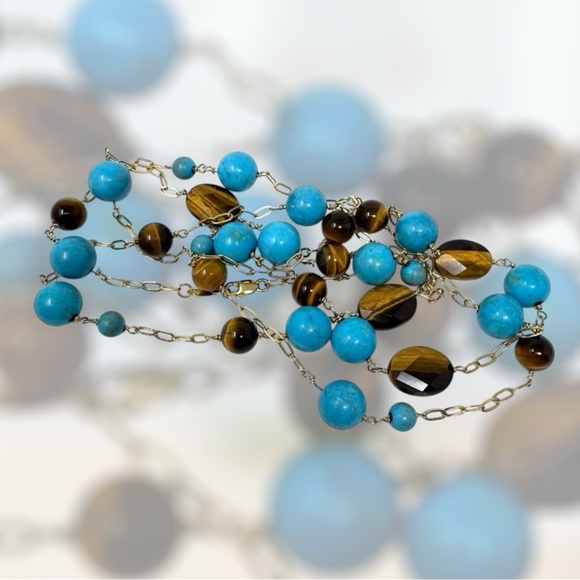 14K, turquoise and tiger’s eye beaded versatile necklace - Picture 2 of 12